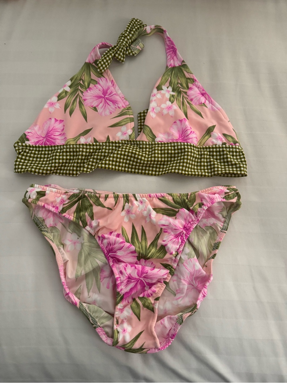 VENUS Pink Floral Halter Bikini with Green Gingham Trim size L